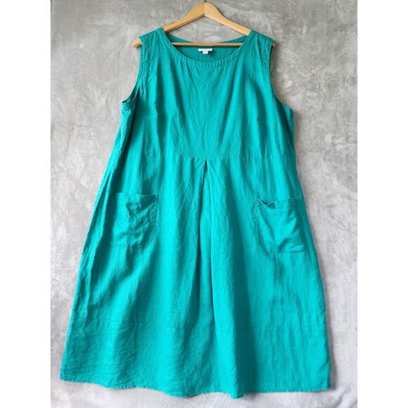 J. Jill Love Linen Dress Womens Size 2X Teal Blue Front Apron Pockets 100% - Picture 1 of 9